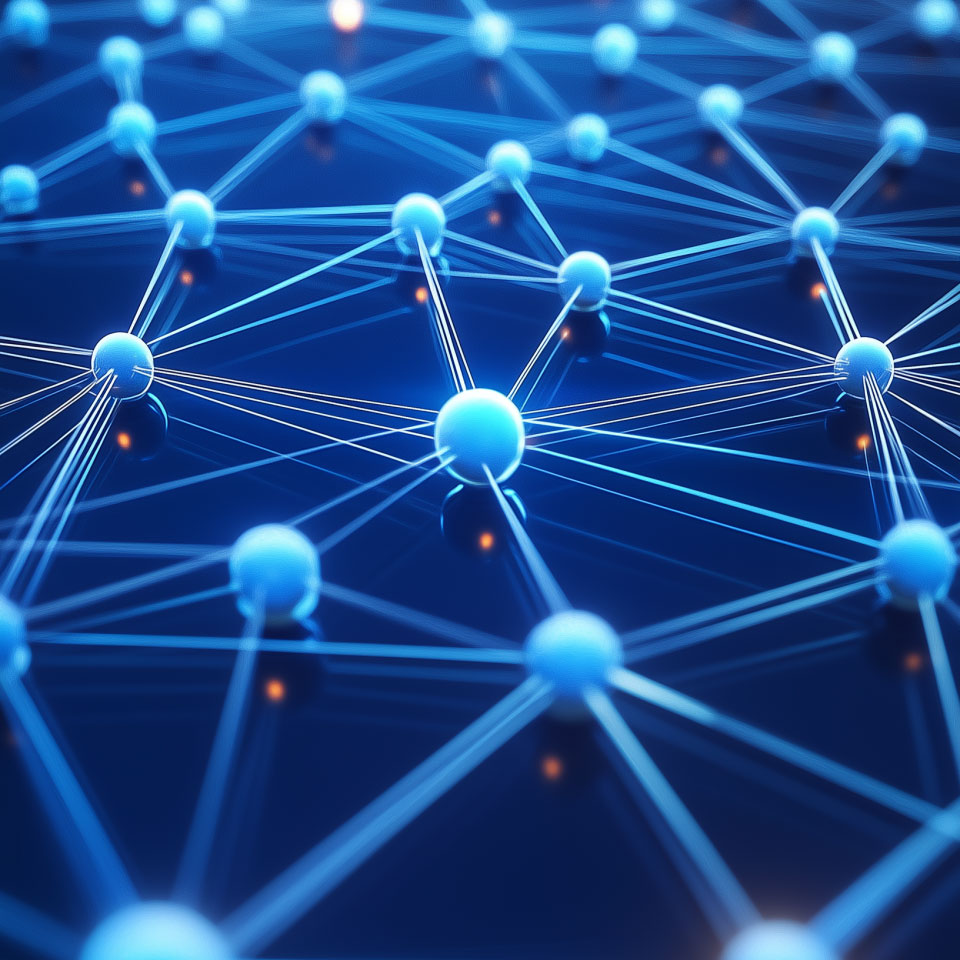 Network of connected spheres with glowing nodes