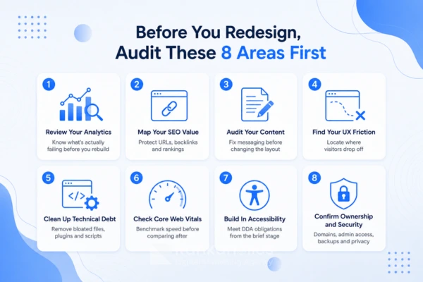 8 website redesign audit checklists covering seo, ux, accessibility and security
